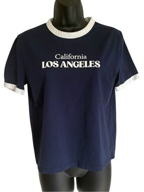 Zara Navy Blue Los Angeles California Short-Sleeve Tee with White Trim - Size M